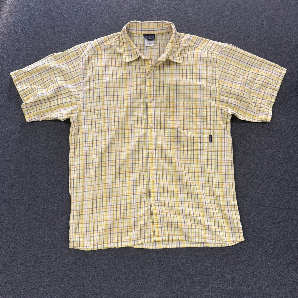 Modern Patagonia Plaid Button Down Mens M Yellow Good Short Sleeve Outdoor